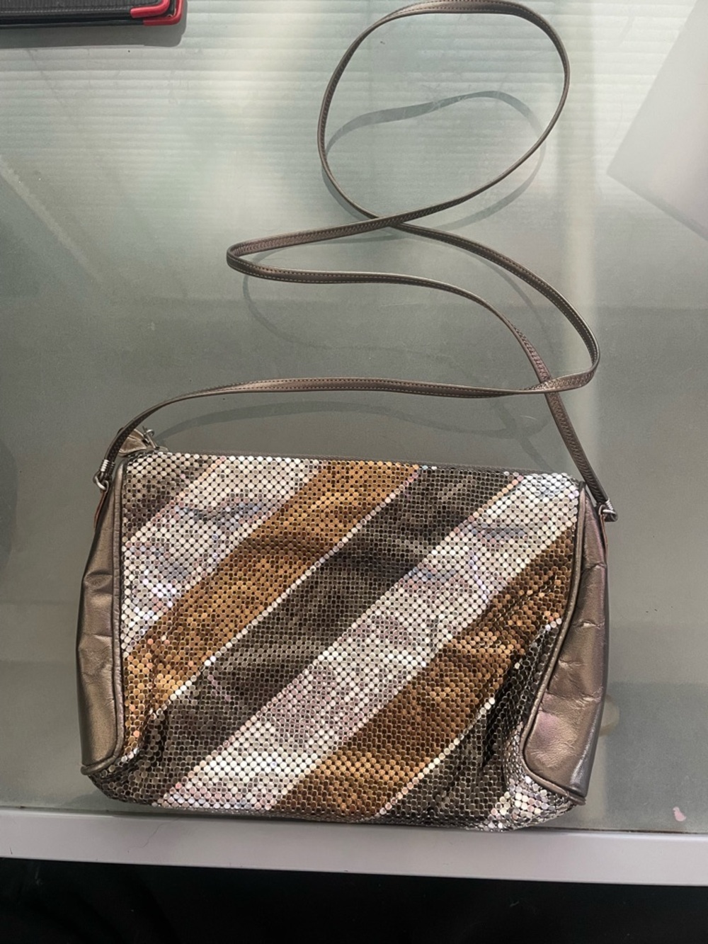 Vintage Whiting and Davis-Metallic Sequin Crossbody Bag in Silver, Gold & Bronze